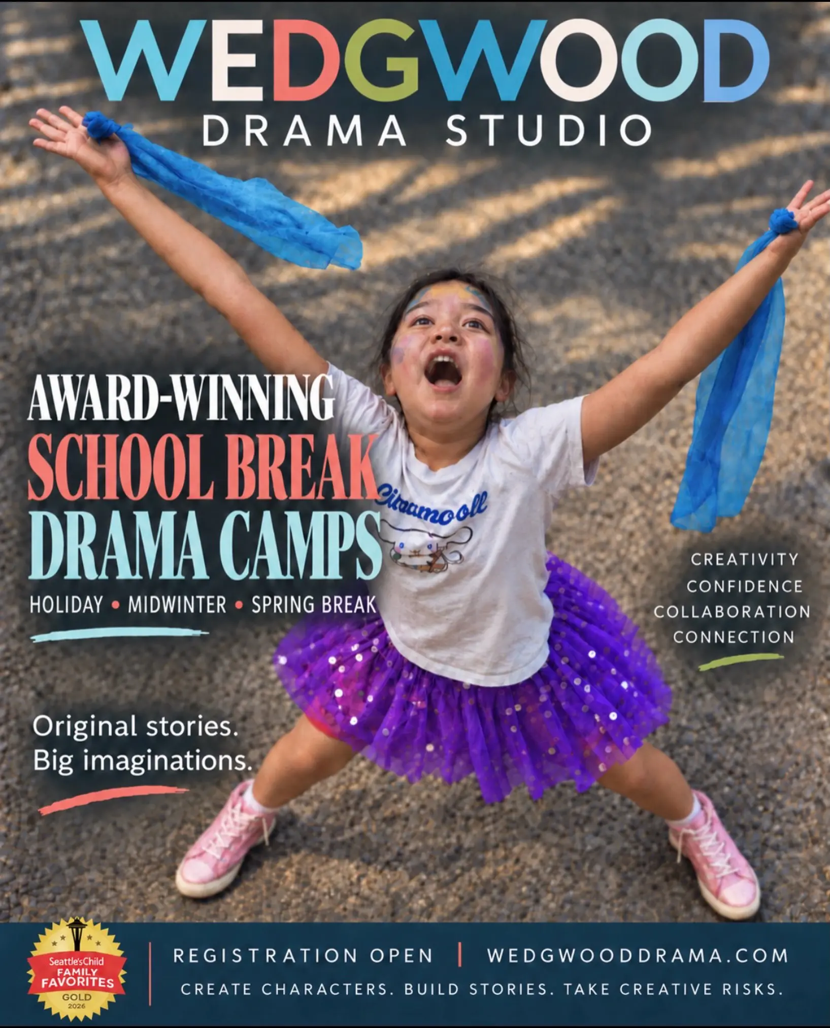 Come see why families return to Wedgwood Drama Studio again and again.
Whether you’re brand new to drama or have been creating with us for years, you belong here.
Registration is open for Holiday, Midwinter, and Spring Break Drama Camps. Spots fill quickly!
wedgwooddrama.com