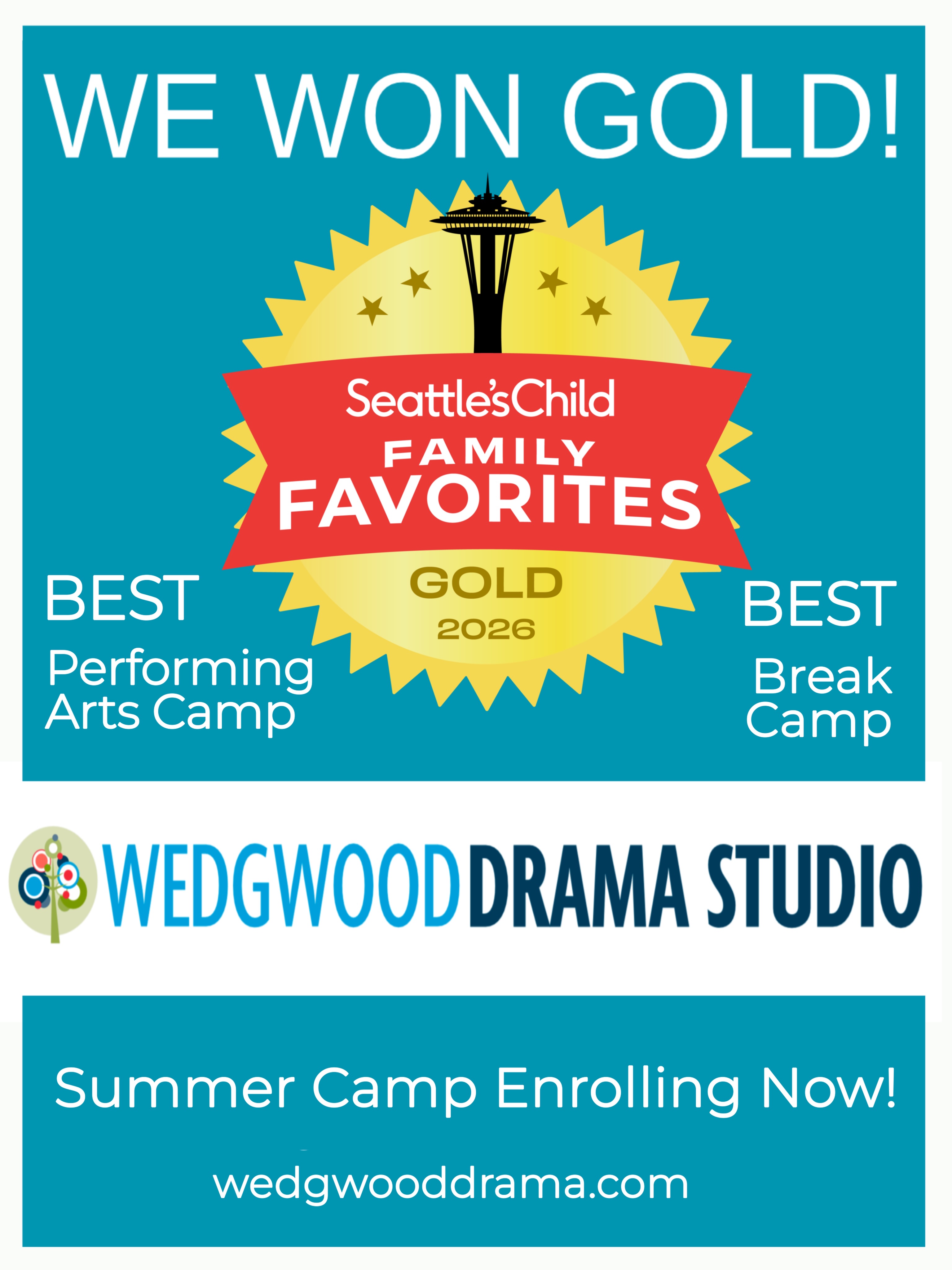 We’re incredibly honored to be voted a Seattle’s Child Family Favorites GOLD winner for both Performing Arts Camp and Break Camp.
For 17+ summers, Wedgwood Drama Studio has been creating original stories, making movies, building confidence, and giving young people a place to take creative risks, make friends, and shine.
To every family who voted, enrolled, returned year after year, and trusted us with your kids: thank you.
This recognition means so much because it came from you.
Summer camp enrollment is happening now, and we can’t wait for another unforgettable season.
🔗 wedgwooddrama.com
#NESeattle
#NorthSeattle
#SeattleSummerCamp
#SeattleMomsAndDads
#PerformingArtsCamp