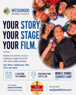 A summer camp for creative middle schoolers.
Spend the week outdoors creating an original short film with professional teaching artists and a great group of peers.
Act. Write. Collaborate. Film.
5 sessions this summer.
wedgwooddrama.com
