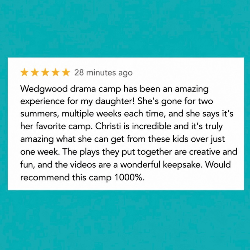 This one made our day. ❤️

The biggest compliment is when kids come back summer after summer, week after week, and still call it their favorite camp.

Thank you for trusting us with your actors. We really do love what we get to create together.

 See for yourself. Break Camps are registering now!