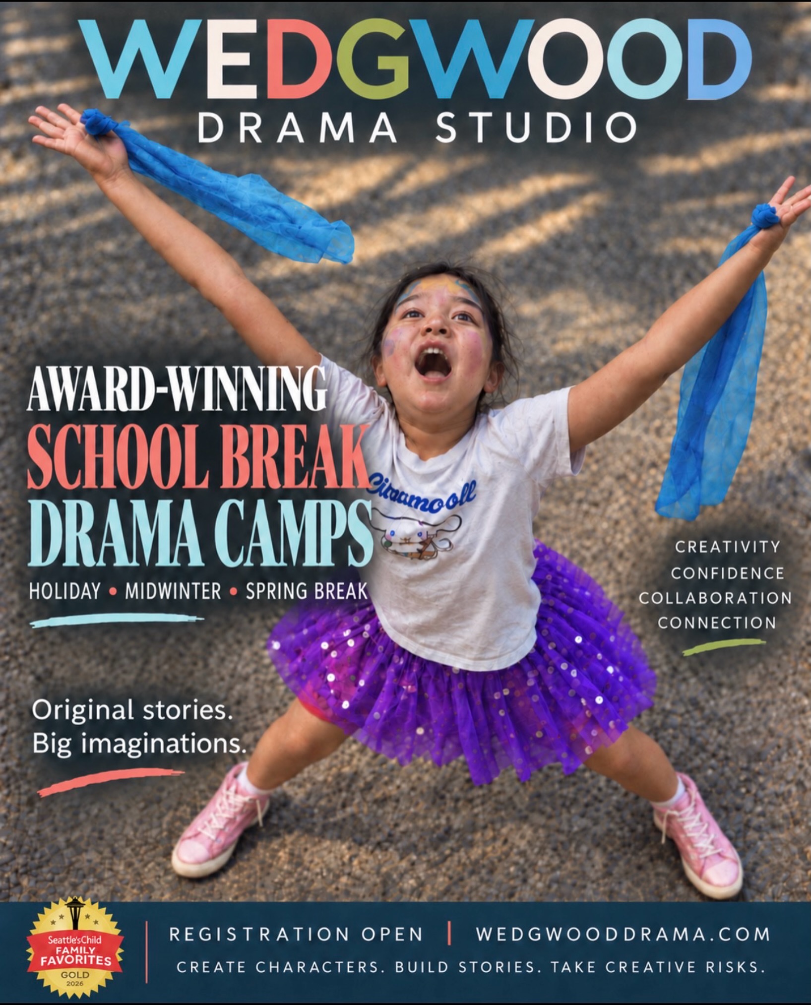 Come see why families return to Wedgwood Drama Studio again and again.
Whether you’re brand new to drama or have been creating with us for years, you belong here.
Registration is open for Holiday, Midwinter, and Spring Break Drama Camps. Spots fill quickly!
wedgwooddrama.com